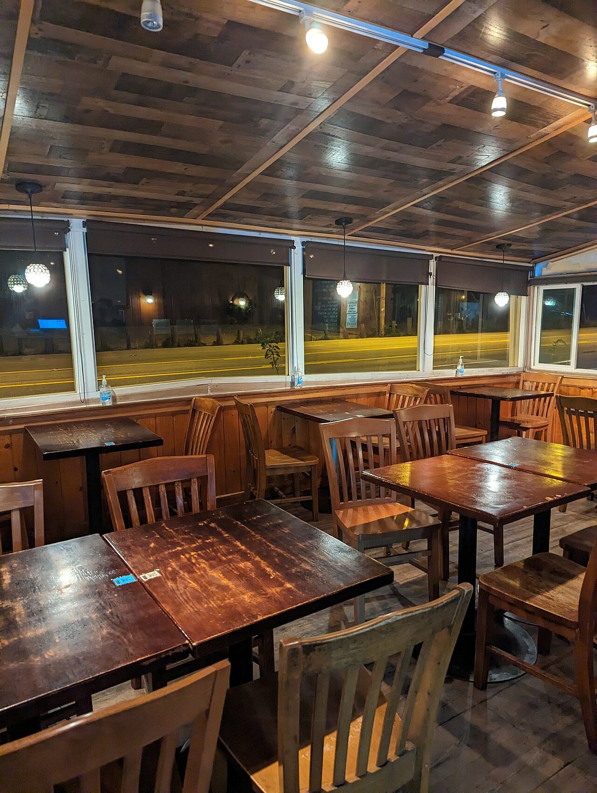 A restaurant dining room in the evening